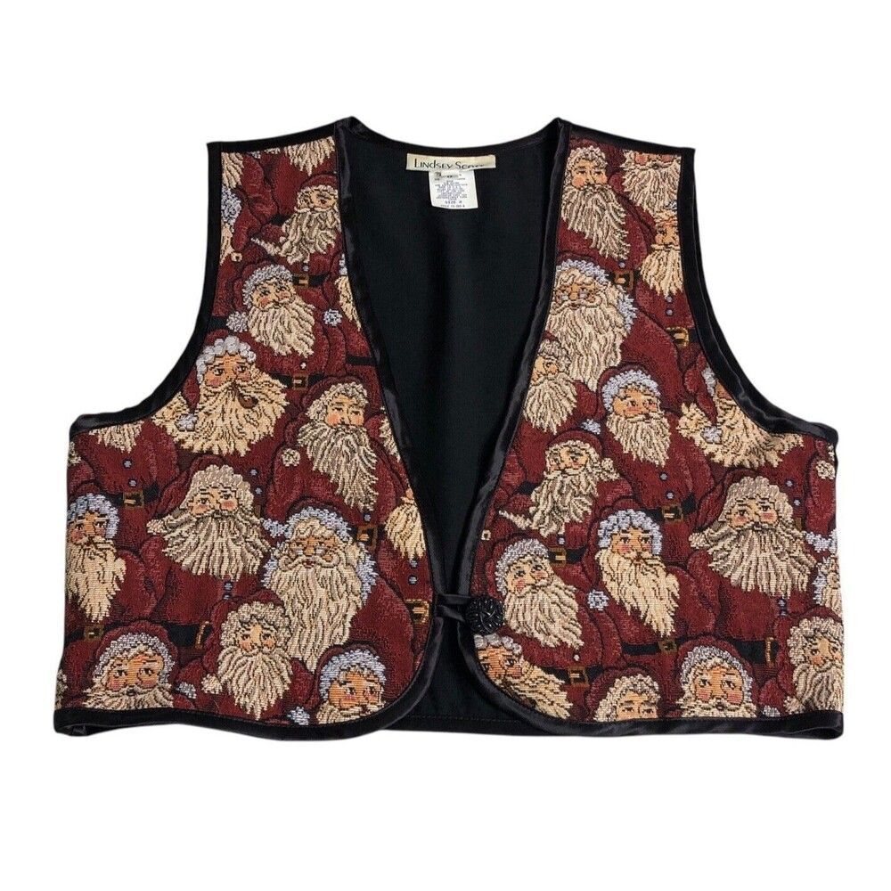 Vintage Lindsey Scott Vest Womens 8 Crop Reversible Santa Tapestry Christmas 90s